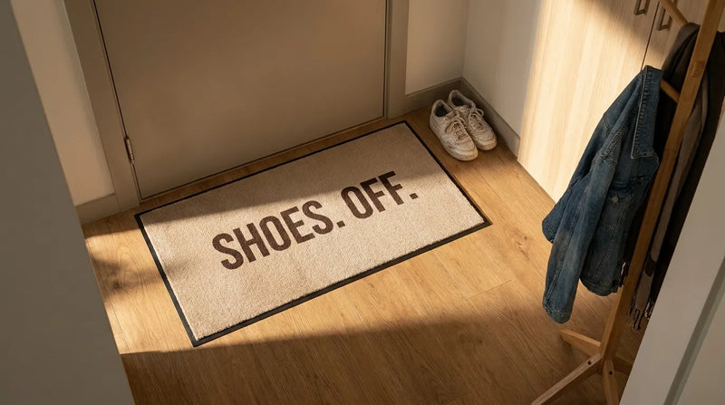 Sandalwood custom text mat at an apartment entrance